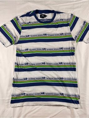 Stussy White Tee Shirt with Blue, Green & Yellow Striped Logo